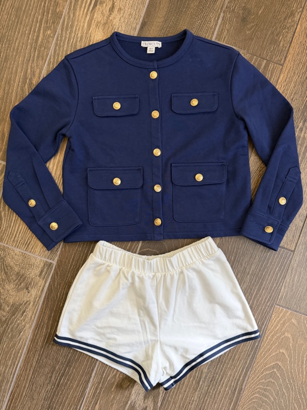 J.Crew Girls’ Navy French Terry Lady Jacket/Sailor White Pull-On Terry Short—6